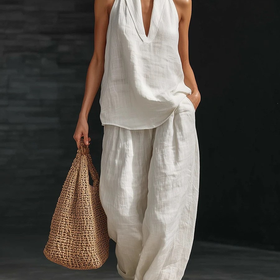 Women's Halter V-Neck Sleeveless Casual Two-Piece Pants Set