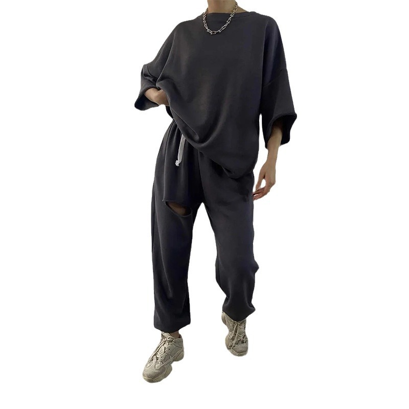 Women's Long Sleeve Crewneck Solid Top & Distressed Tie Pants Two-Piece Set
