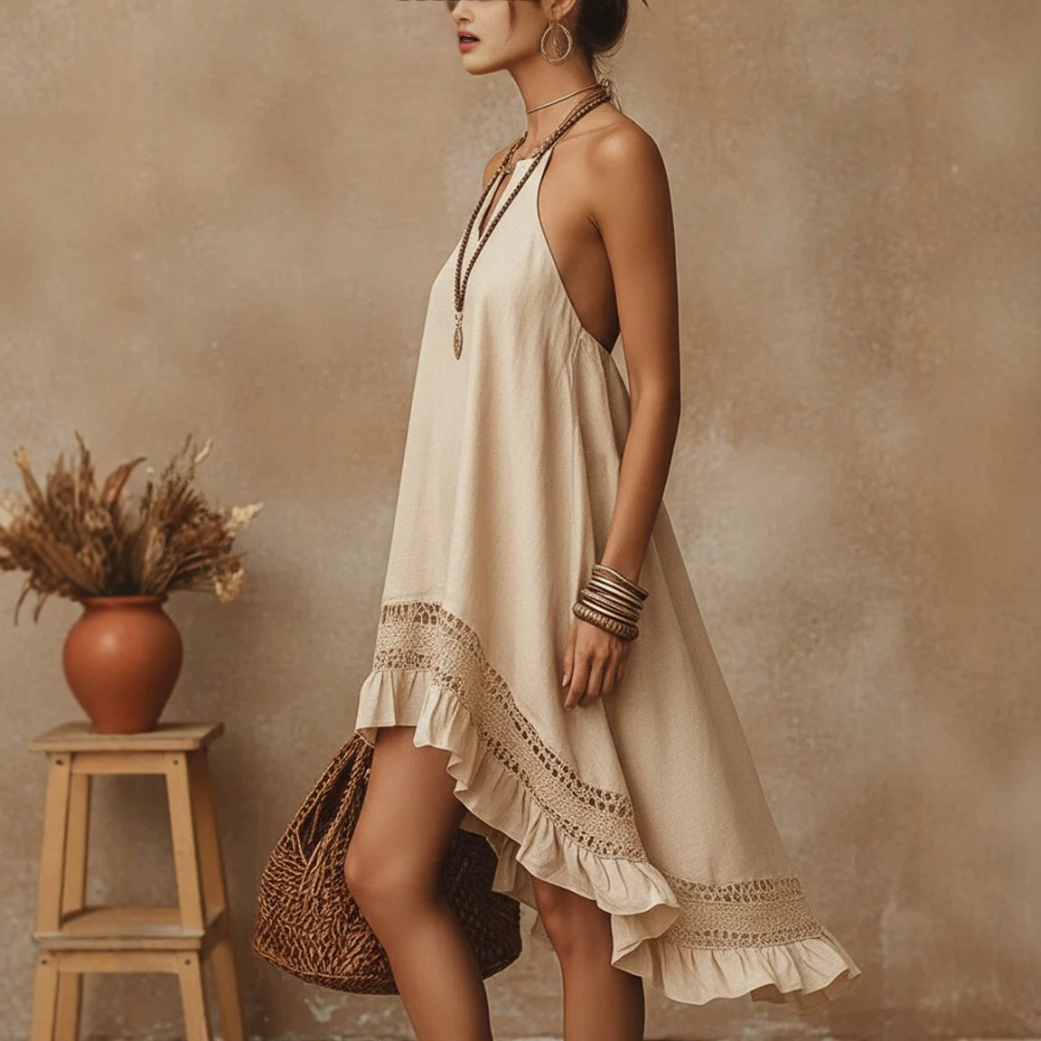Bohemian Halter V-Neck Lace Crochet Asymmetric Hem Cotton-Linen Mini Dress