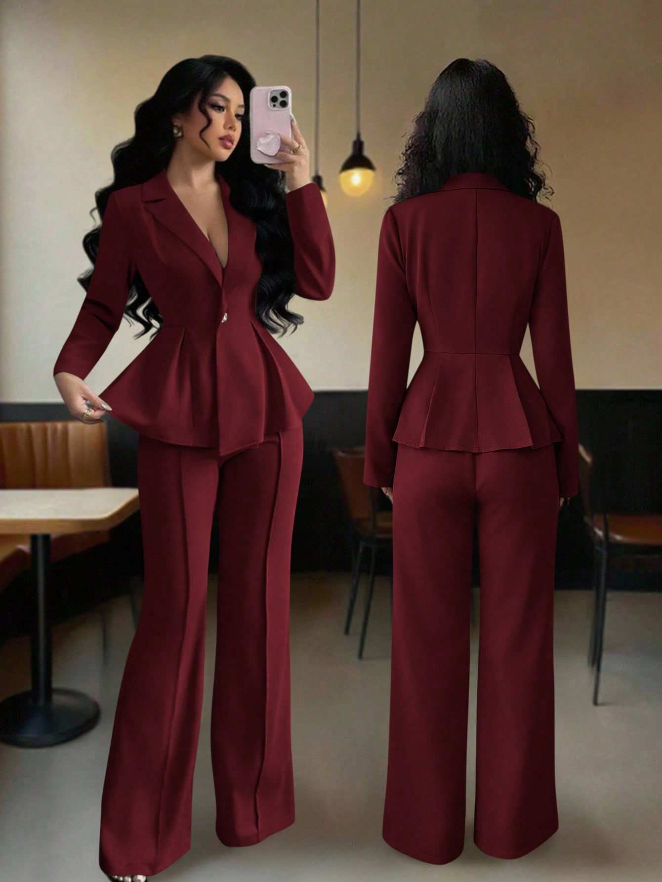 Women's Elegant Flared Pants Suit Set with Cinched Waist