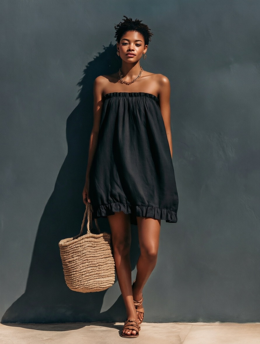 Women's Strapless Ruffle Hem Cotton Linen Midi Dress