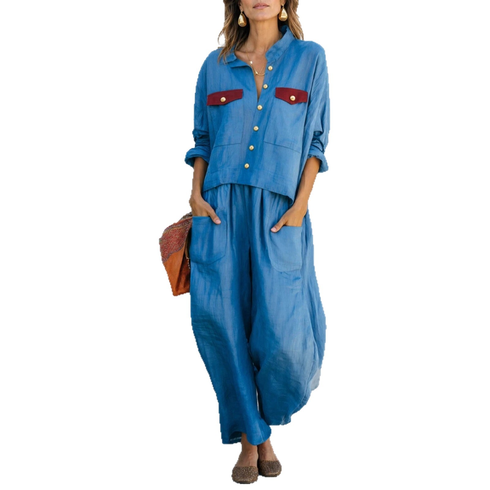 Women's Casual Loose Button Shirt and Wide-Leg Pants Two-Piece Set