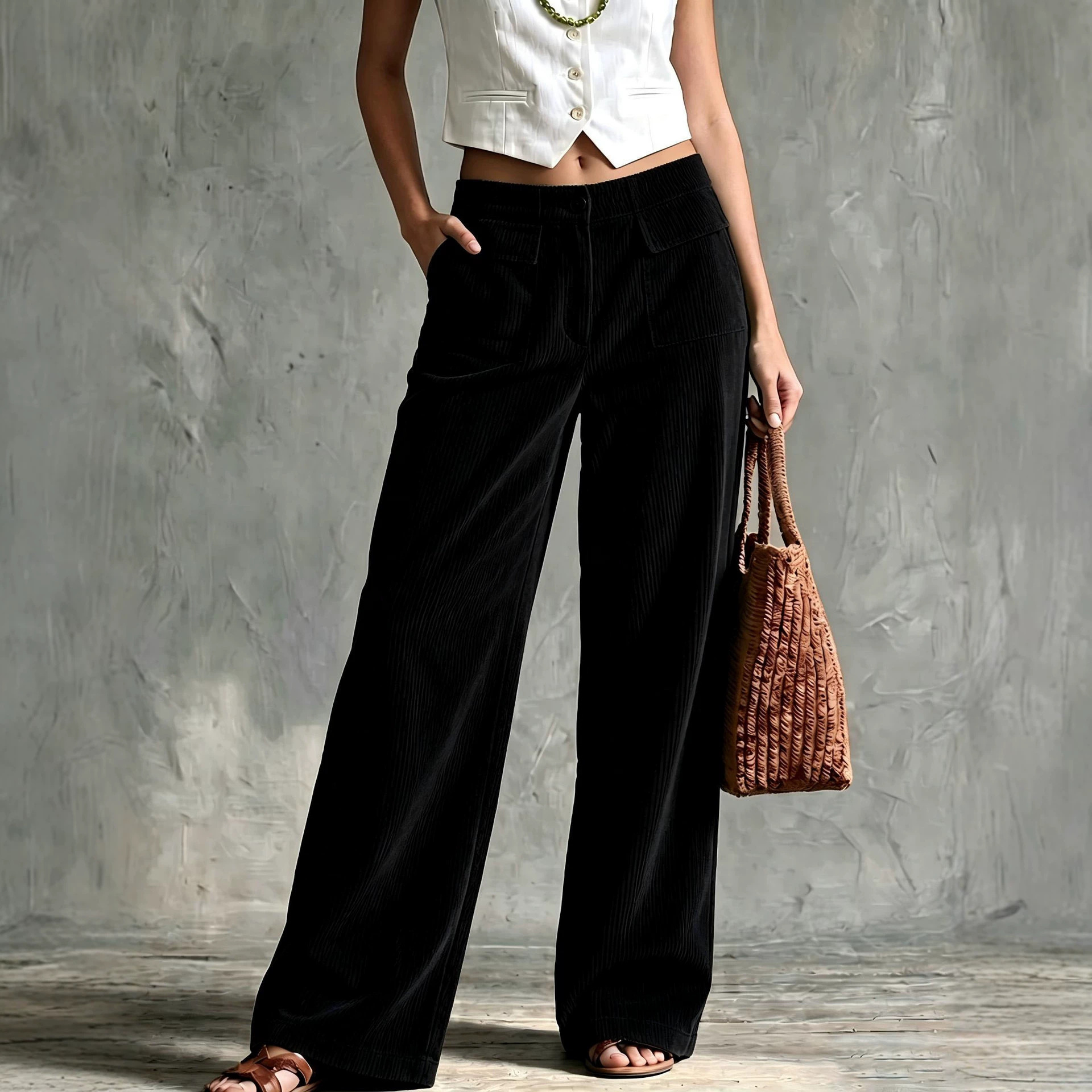 Women's High-Waist Corduroy Wide-Leg Pants Solid Color Casual