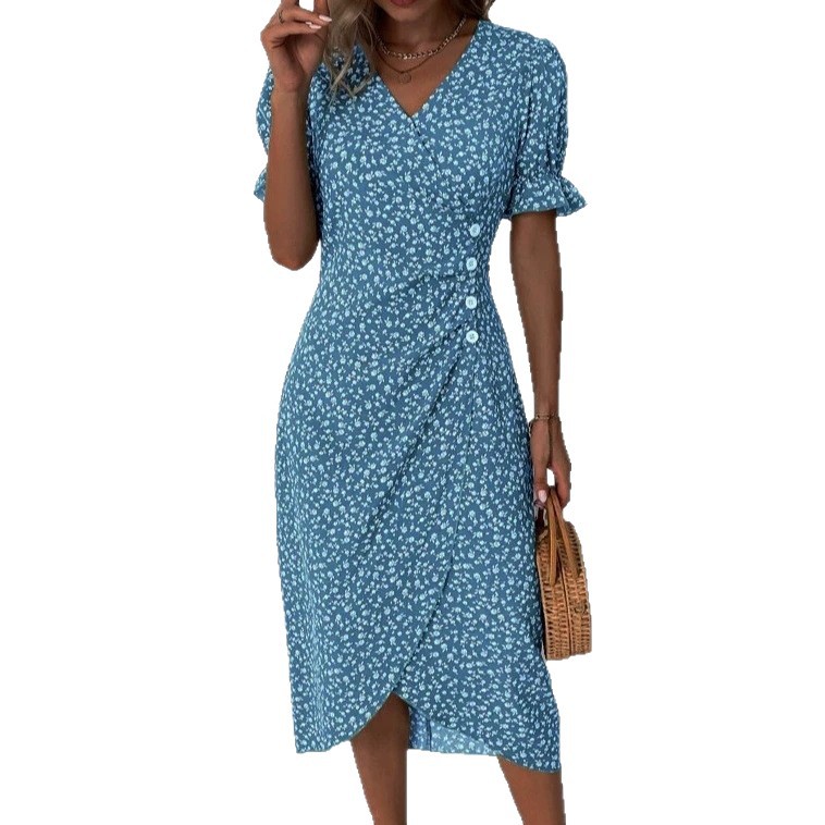 Geometric Patchwork Puff Sleeve Asymmetrical Hem Dress