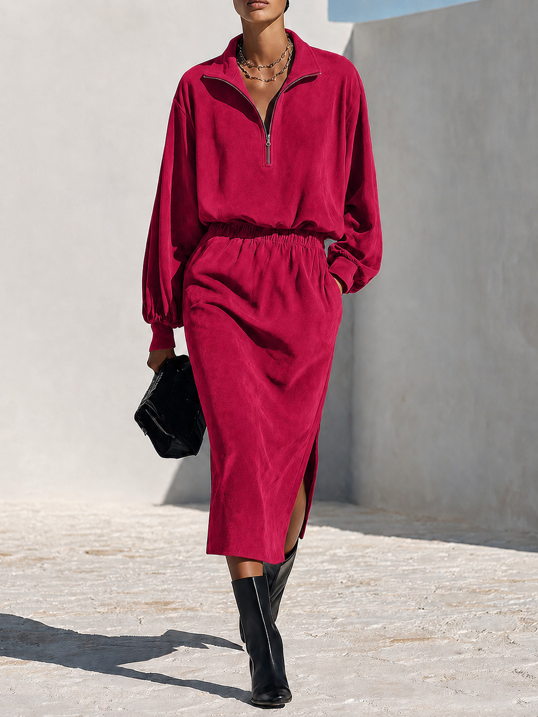 Women's Half-Zip Stand Collar Sweatshirt and Skirt Two-Piece Set