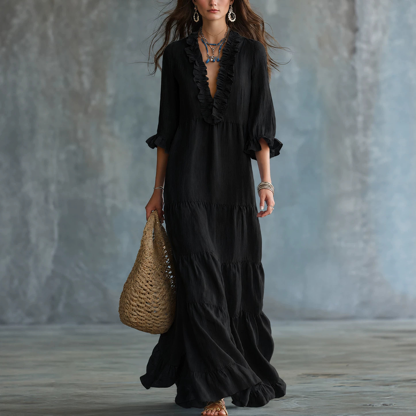 Women's Boho V-Neck Tiered Ruffled Maxi Dress