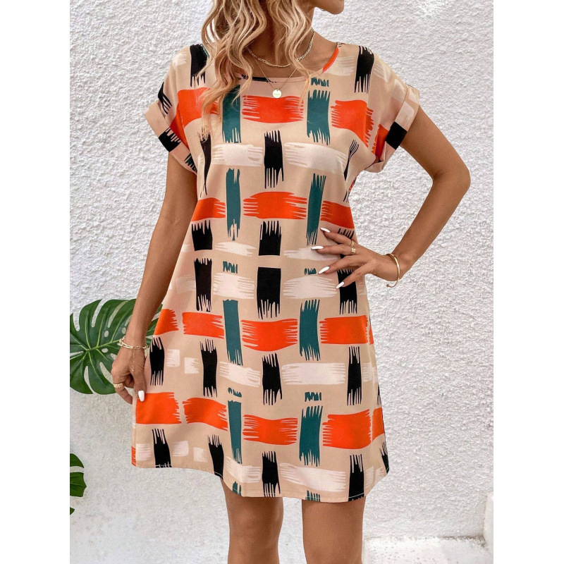 Women's Summer Printed Batwing Sleeve Round Neck Dress