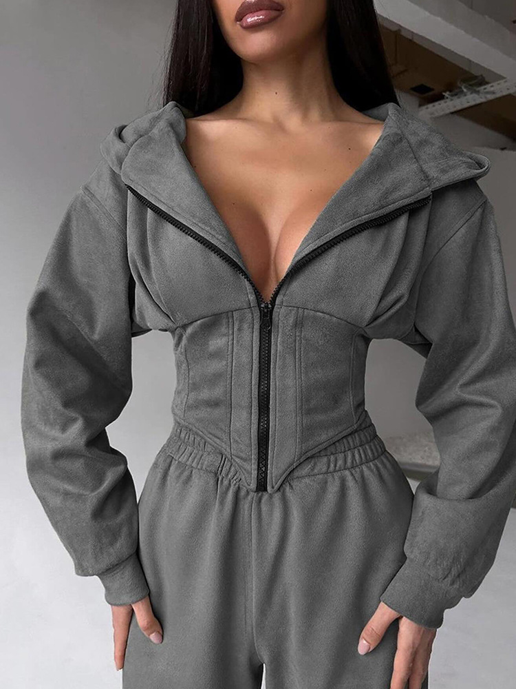 Women's Solid Color Cinched Waist Hoodie and Pants Set Casual Two-Piece