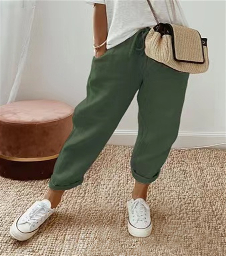 Women's Printed Cotton-Linen Casual Pants with Pockets