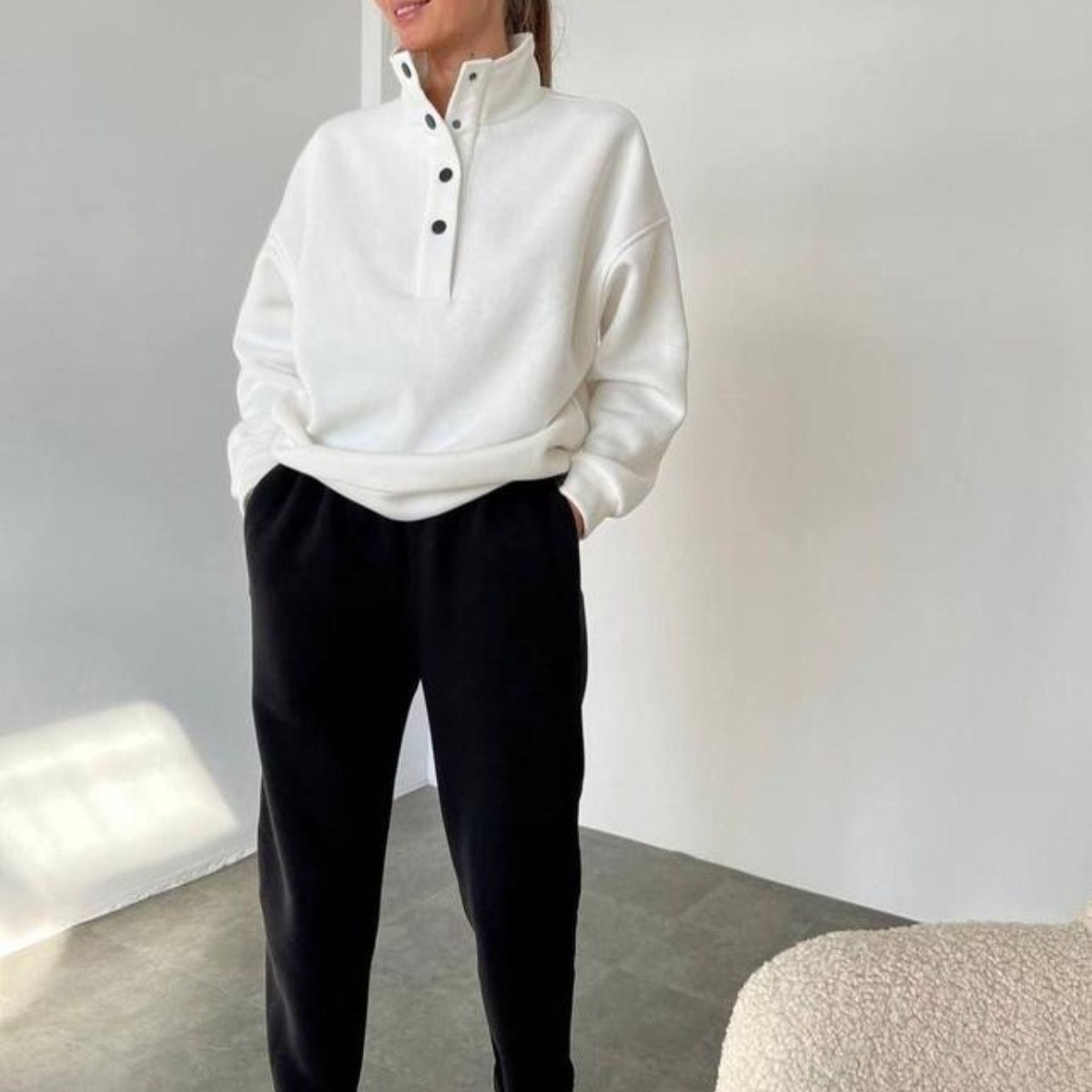 Women's Button Stand Collar Two-Piece Pants Set