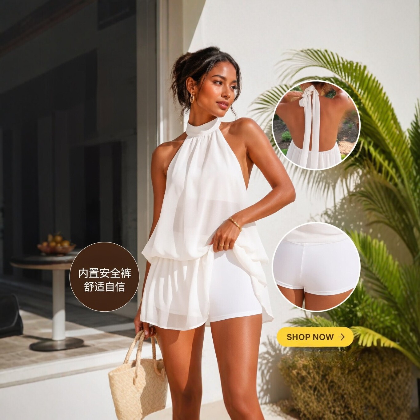 Women's Halter Open-Back Tie Chiffon A-Line Mini Dress with Built-in Shorts
