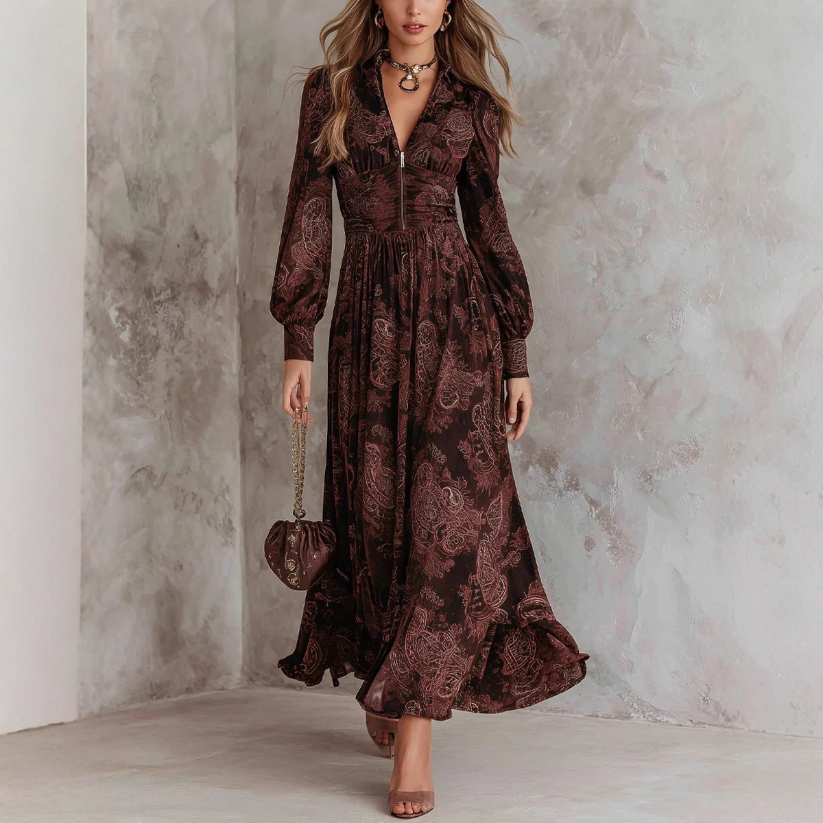 Women's Digital Print Pleated V-Neck Long Dress with Zip Waist
