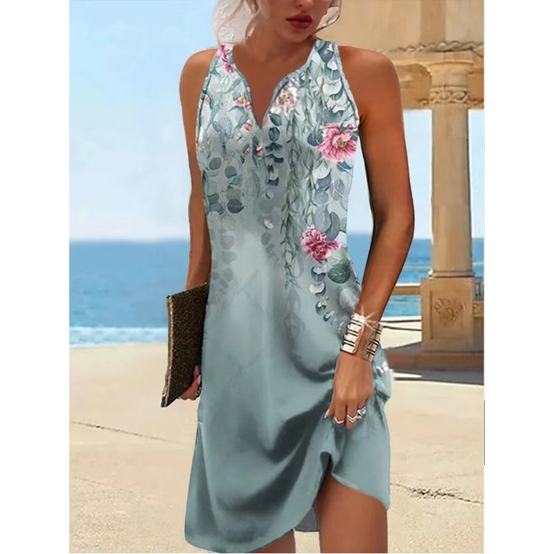 Women's Floral Print Single-Breasted A-Line Sleeveless V-Neck Dress