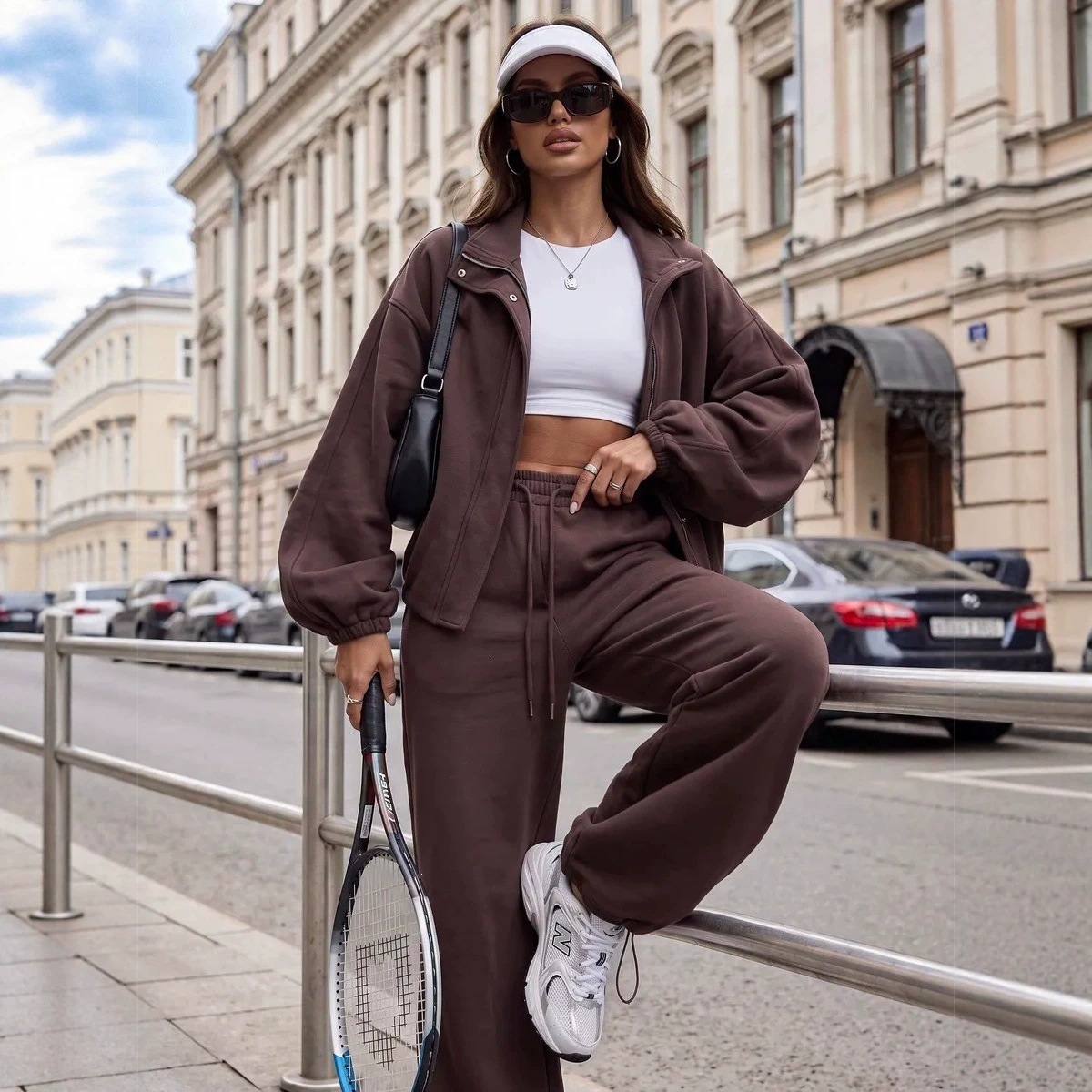 Women's Full-Zip Tracksuit Set with Waist-Cinching Jacket and Wide-Leg Pants