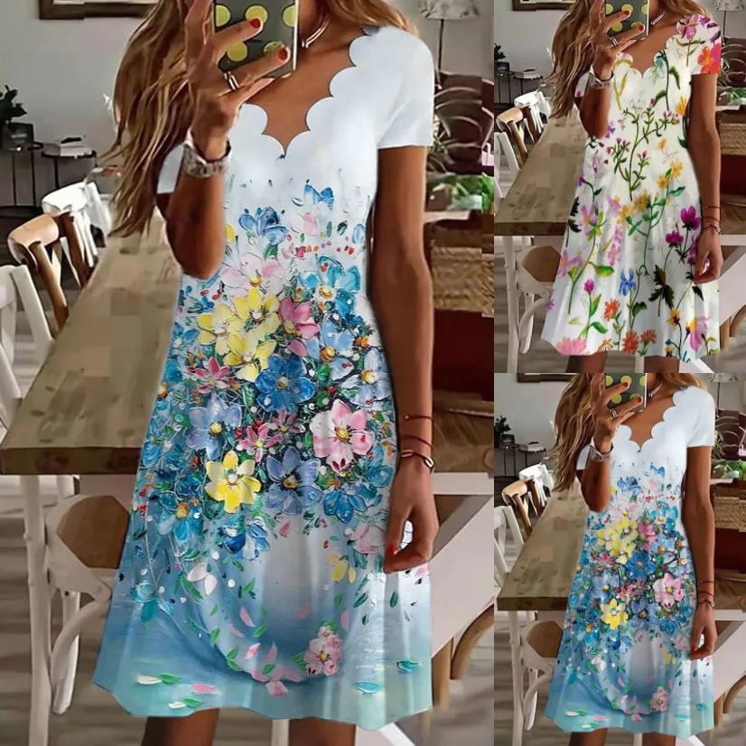Women's Summer Digital Print V-Neck Short Sleeve Dress