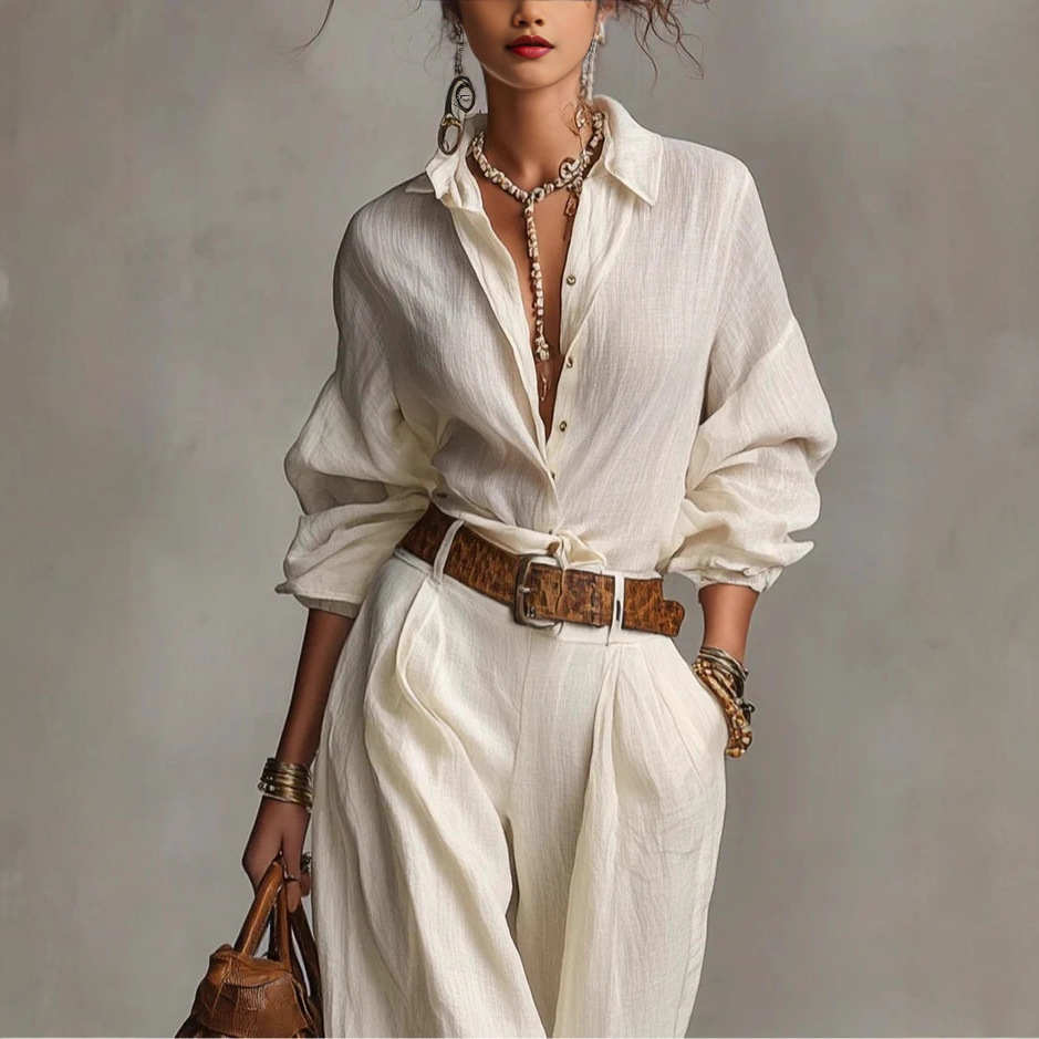 Women's Cotton-Linen Long-Sleeve Button Shirt Jumpsuit with Pockets
