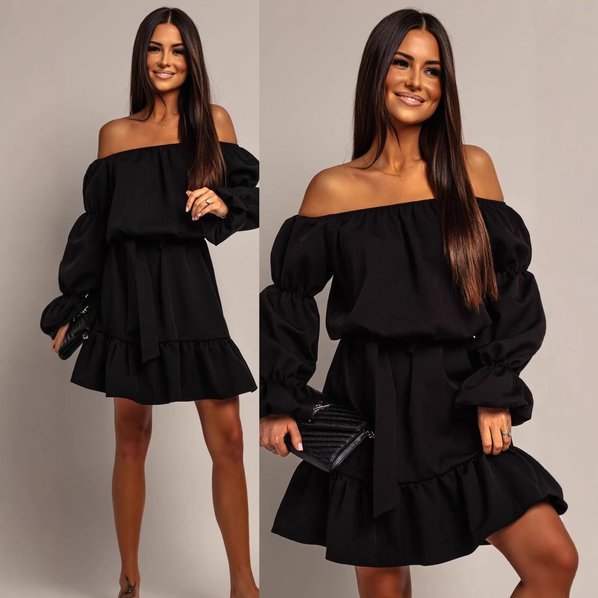 Off-Shoulder Lantern Sleeve High Waist Short Dress