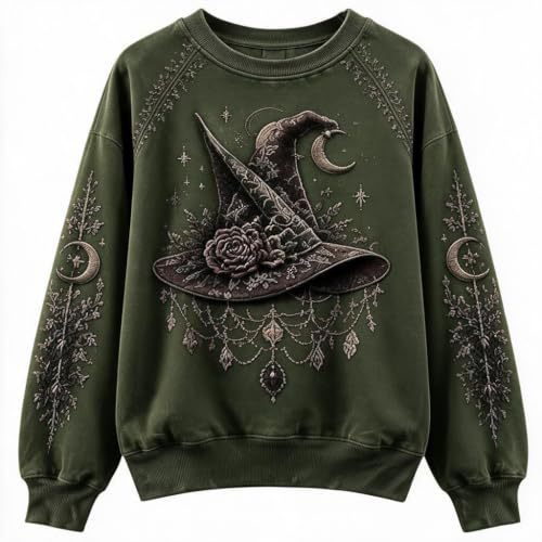 Halloween Witch Hat Print Crewneck Long-Sleeve Pullover Sweatshirt