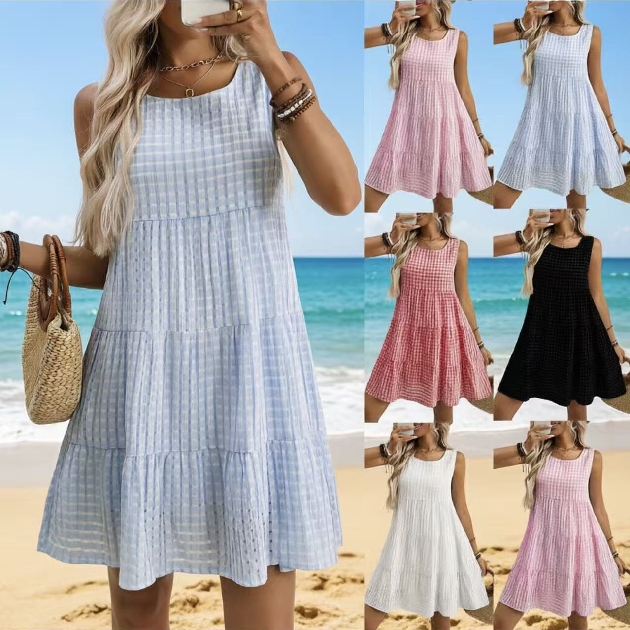 Ruffled Sleeveless Plaid A-Line Midi Dress