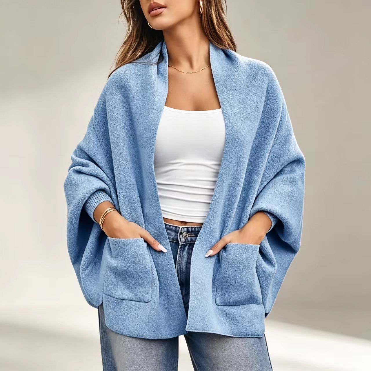 Women's Solid Knit Cardigan Sweater, Loose V-Neck Batwing Sleeve Mid-Length