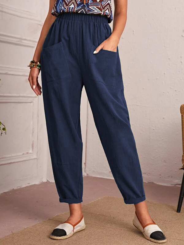 Women's Cotton-Linen Cropped Pants with Elastic Waist and Slant Pockets