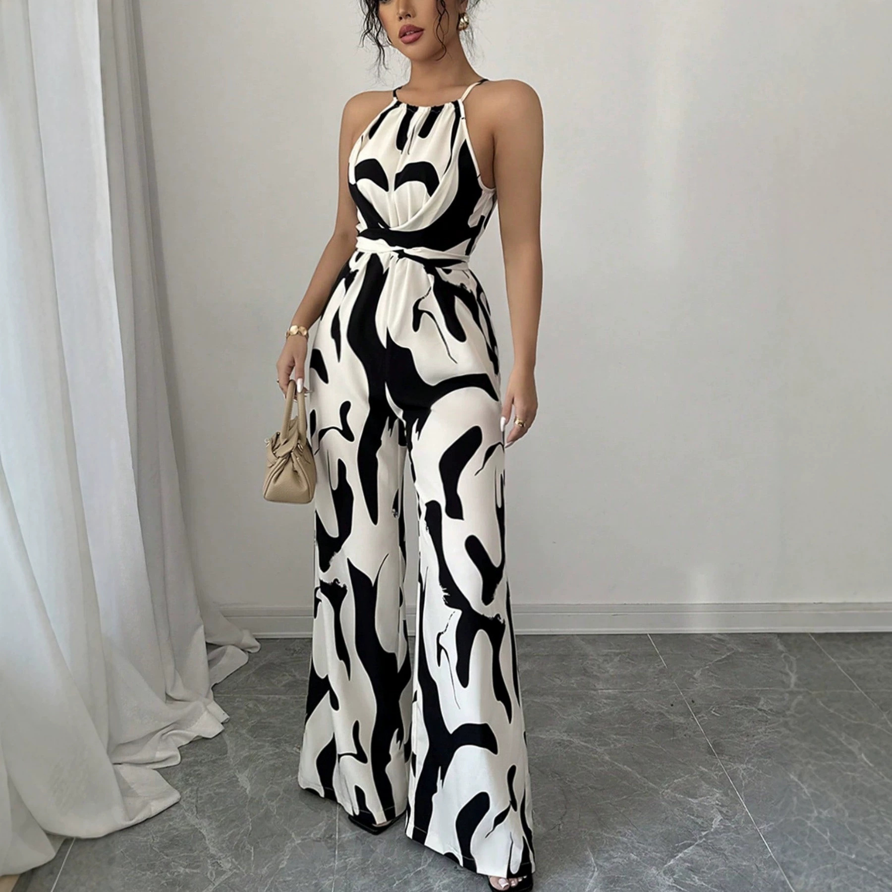 Women's Tie-Waist Halter Wide-Leg Jumpsuit with Print