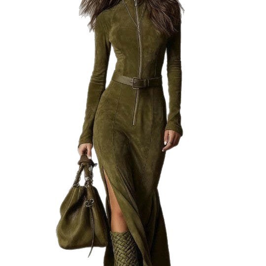 Double-Faced Cashmere Dress with Zip Stand Collar and Belt