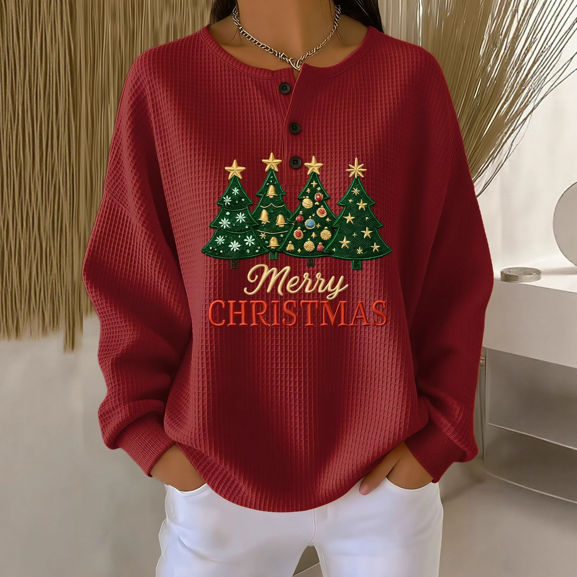 Women's Retro 3D Print Three-Button Stand Collar Polo Sweatshirt