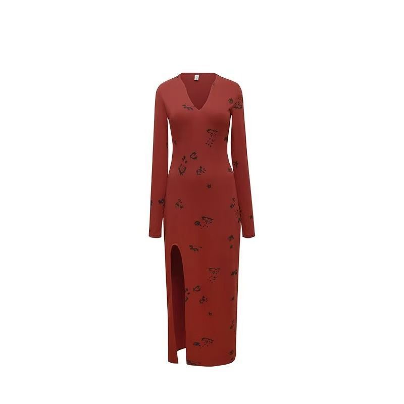Women's Tropical Vacation Floral Print V-Neck Split Bodycon Long Dress