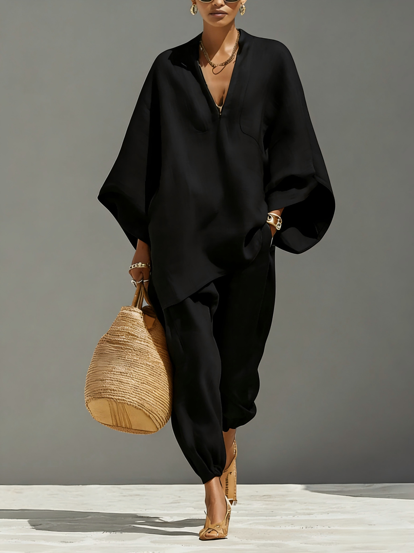 Women's Batwing Sleeve V-Neck Relaxed Two-Piece Set