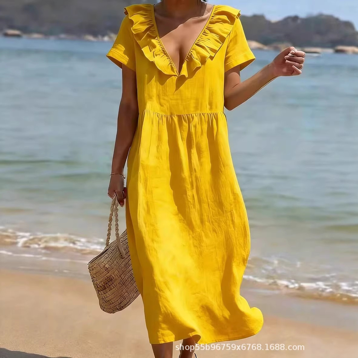 Solid V-Neck Short Sleeve Ruffled A-Line Maxi Dress with Pockets