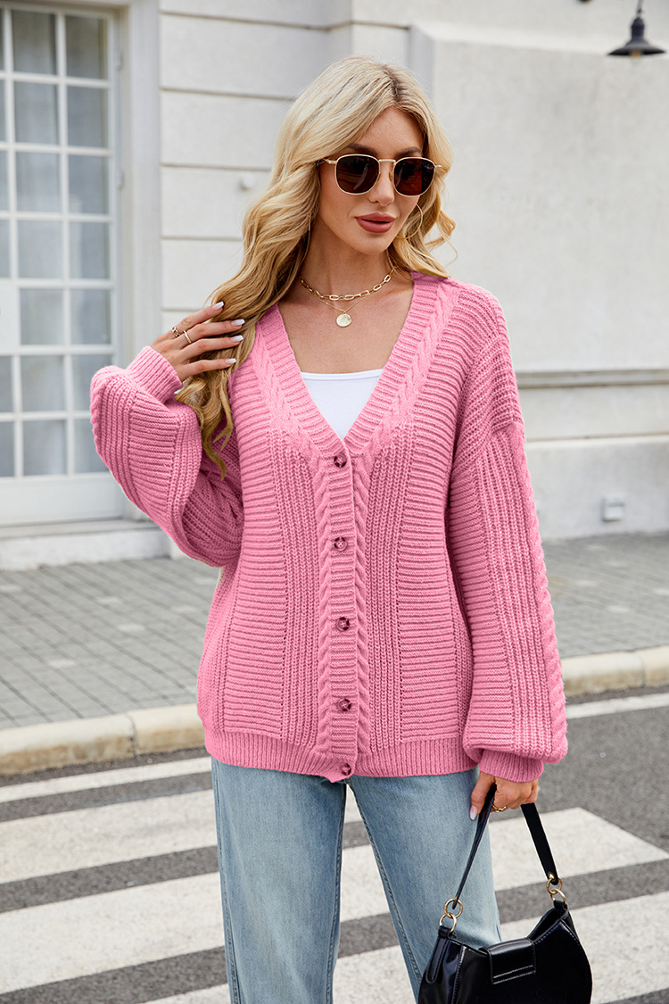 Women's Lazy Style Loose Cable Knit V-Neck Cardigan Sweater