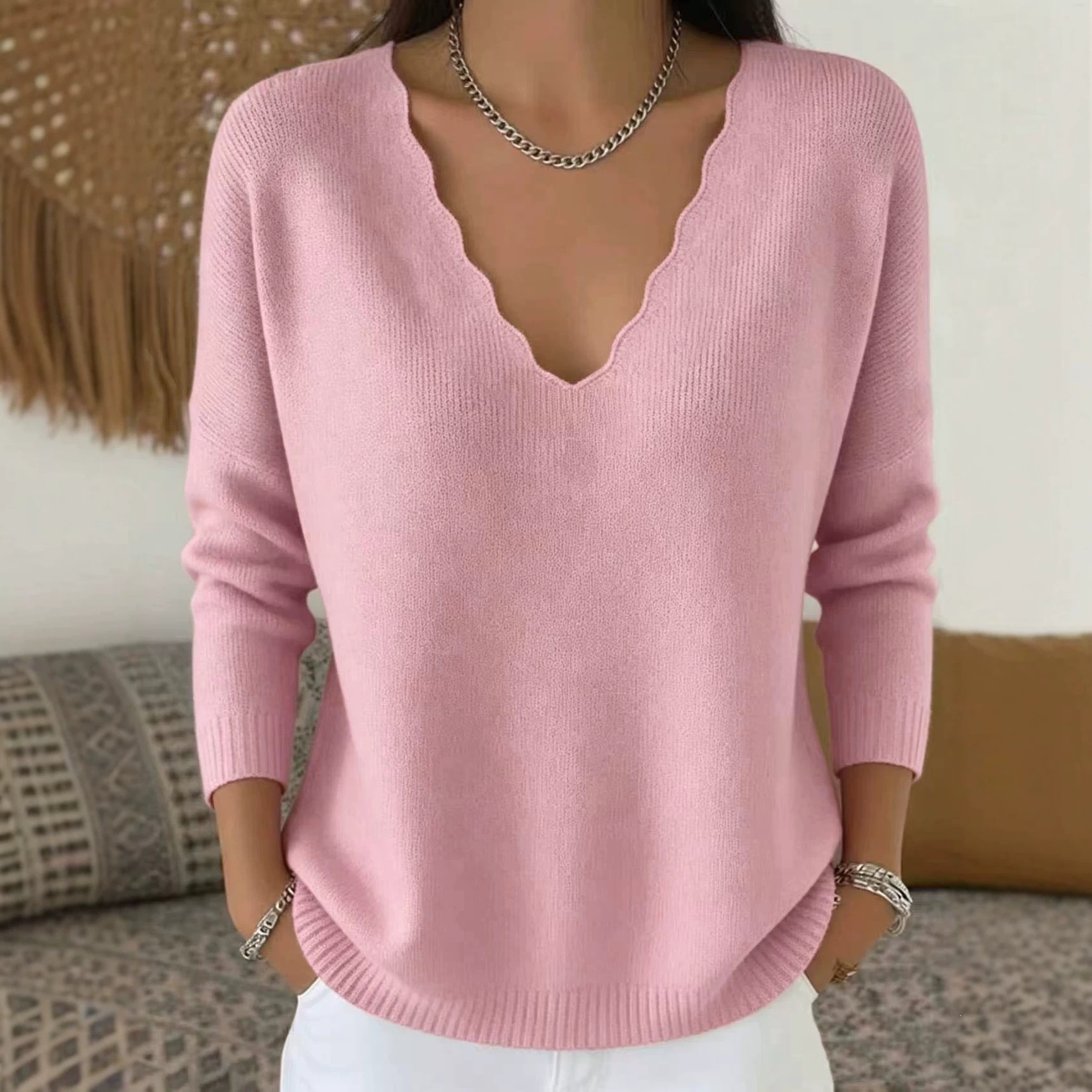 V-Neck Loose Knit Sweater Solid Color Casual Pullover