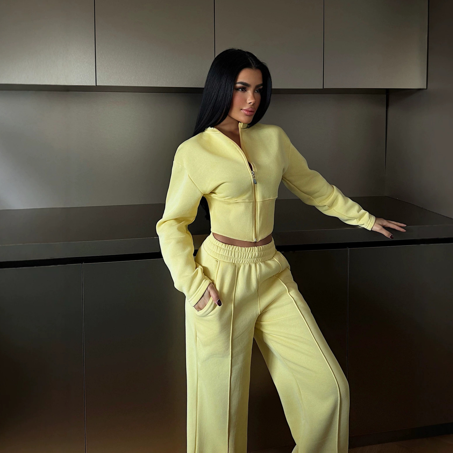 Women's Solid Zip Cardigan & Wide-Leg Pants Set Casual Knit Two-Piece