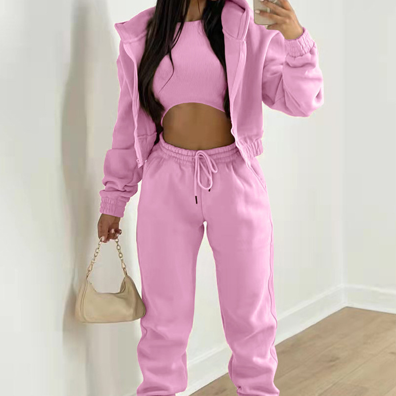 Women's Solid Color Hooded Sweatshirt and Pants Three-Piece Set