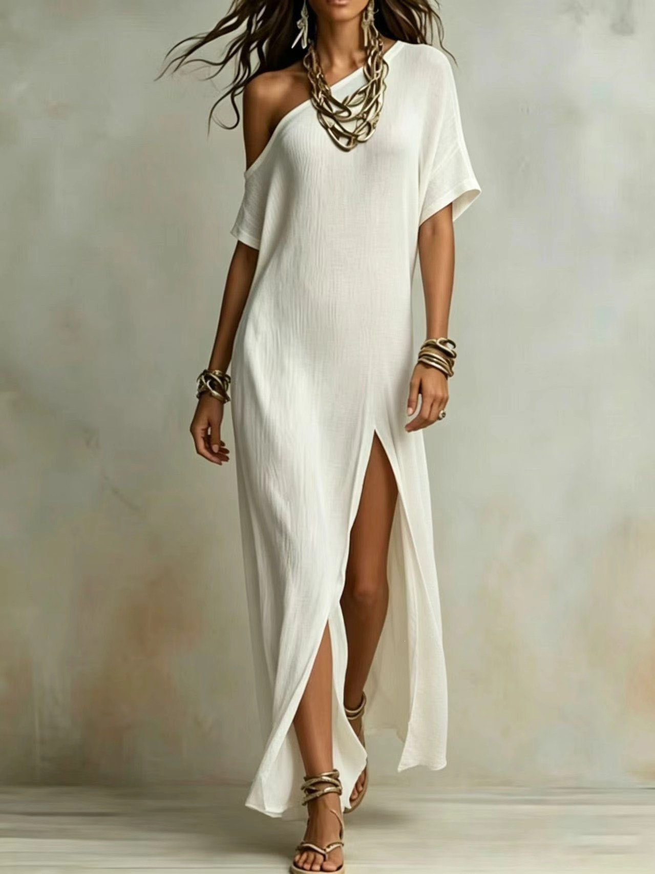 Elegant Short Sleeve Cotton-Linen Slit Dress