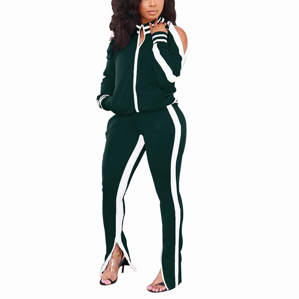 Women's Zip Cold-Shoulder Hoodie & Split-Hem Pants Two-Piece Set