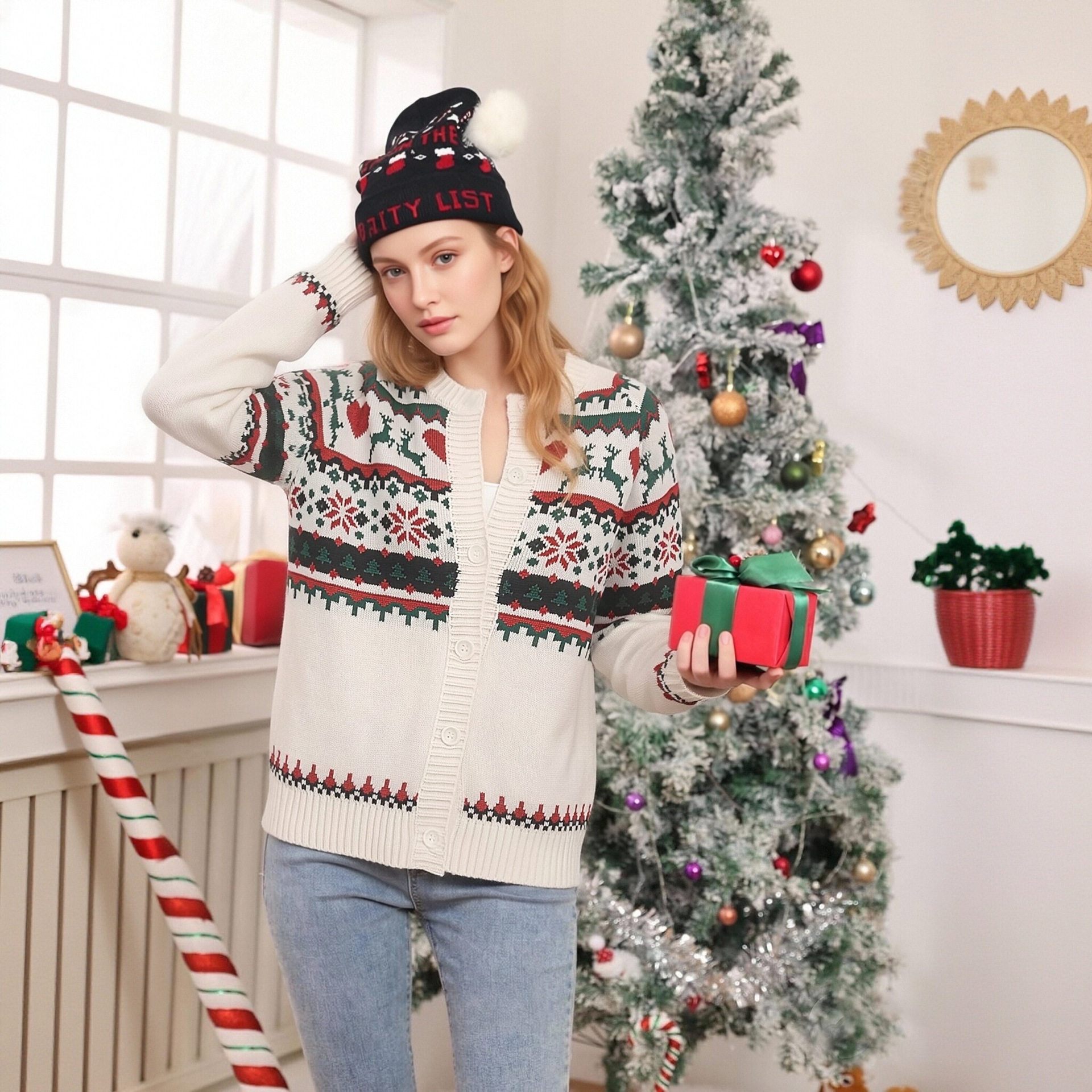 Women's Loose Knit Cardigan Sweater Coat Reindeer Christmas
