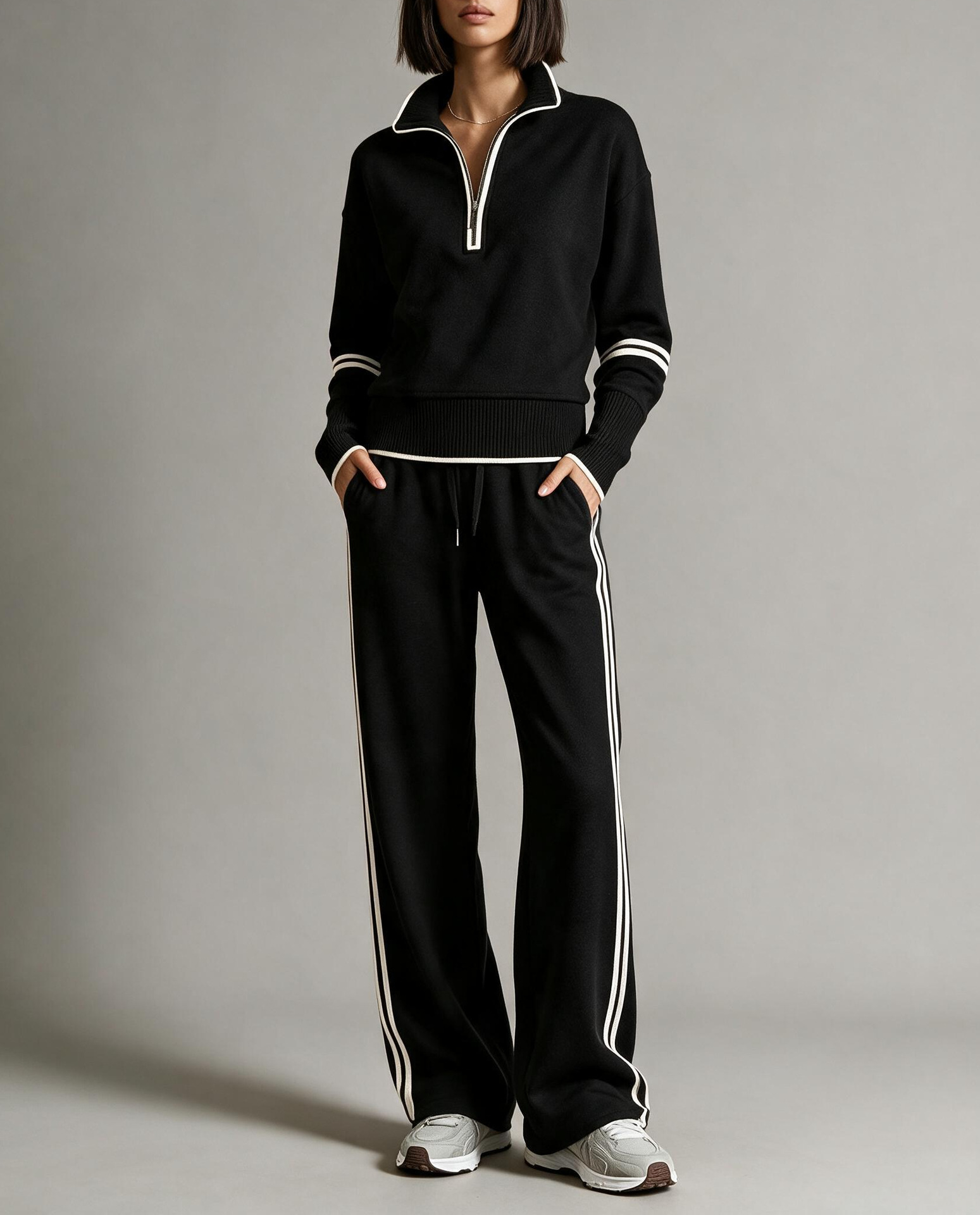 Colorblock Stand Collar Hoodie & Wide-Leg Pants Two-Piece Set