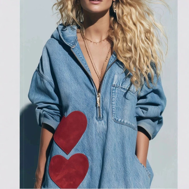 Heart Patch Hooded V-Neck Washed Denim Mini Dress