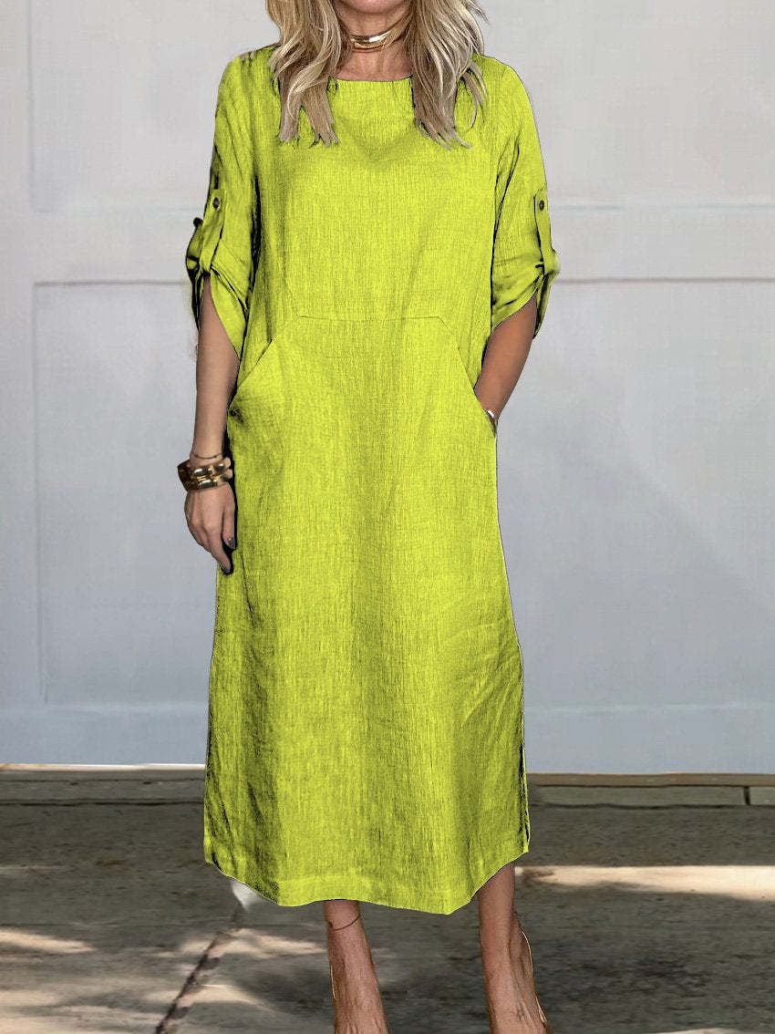 Women's Summer Loose Casual Solid Short Sleeve Cotton Linen Dress