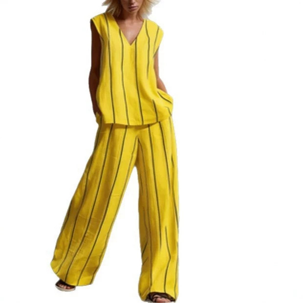 Black and White Vertical Striped Cotton-Linen Two-Piece Wide-Leg Pants Set