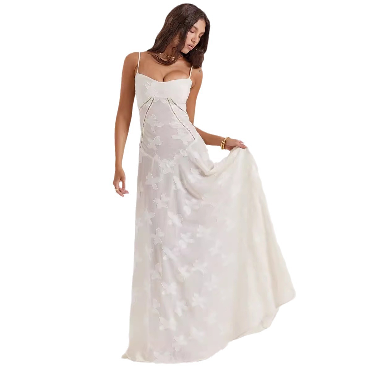 French Lace Tie Strap Sleeveless Long Dress