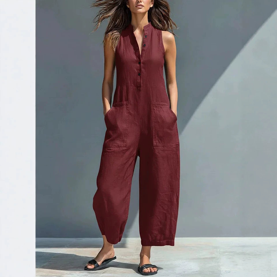 Women's Linen-Blend Button-Front Collared Sleeveless Wide-Leg Jumpsuit
