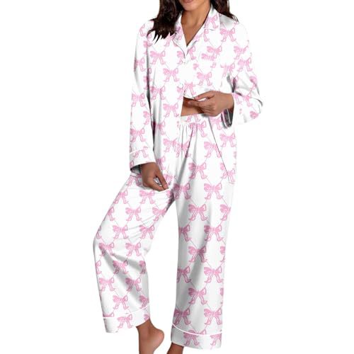 Women's Cuban Collar Christmas Bow Print Long Sleeve Shirt Set