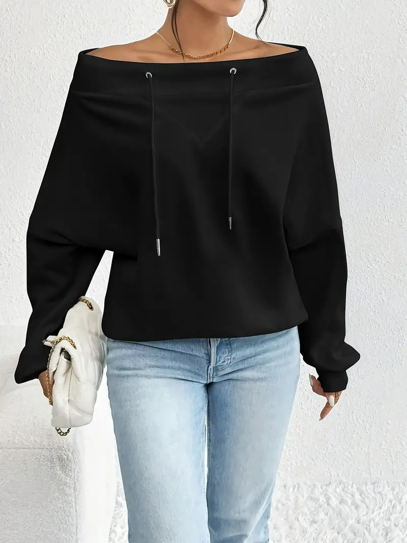 Women's Off-Shoulder Drawstring Top Loose Casual Long Sleeve