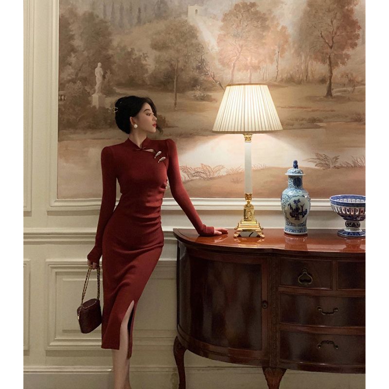 Wine Red New Chinese Style Qipao Dress with Pankou Stand Collar
