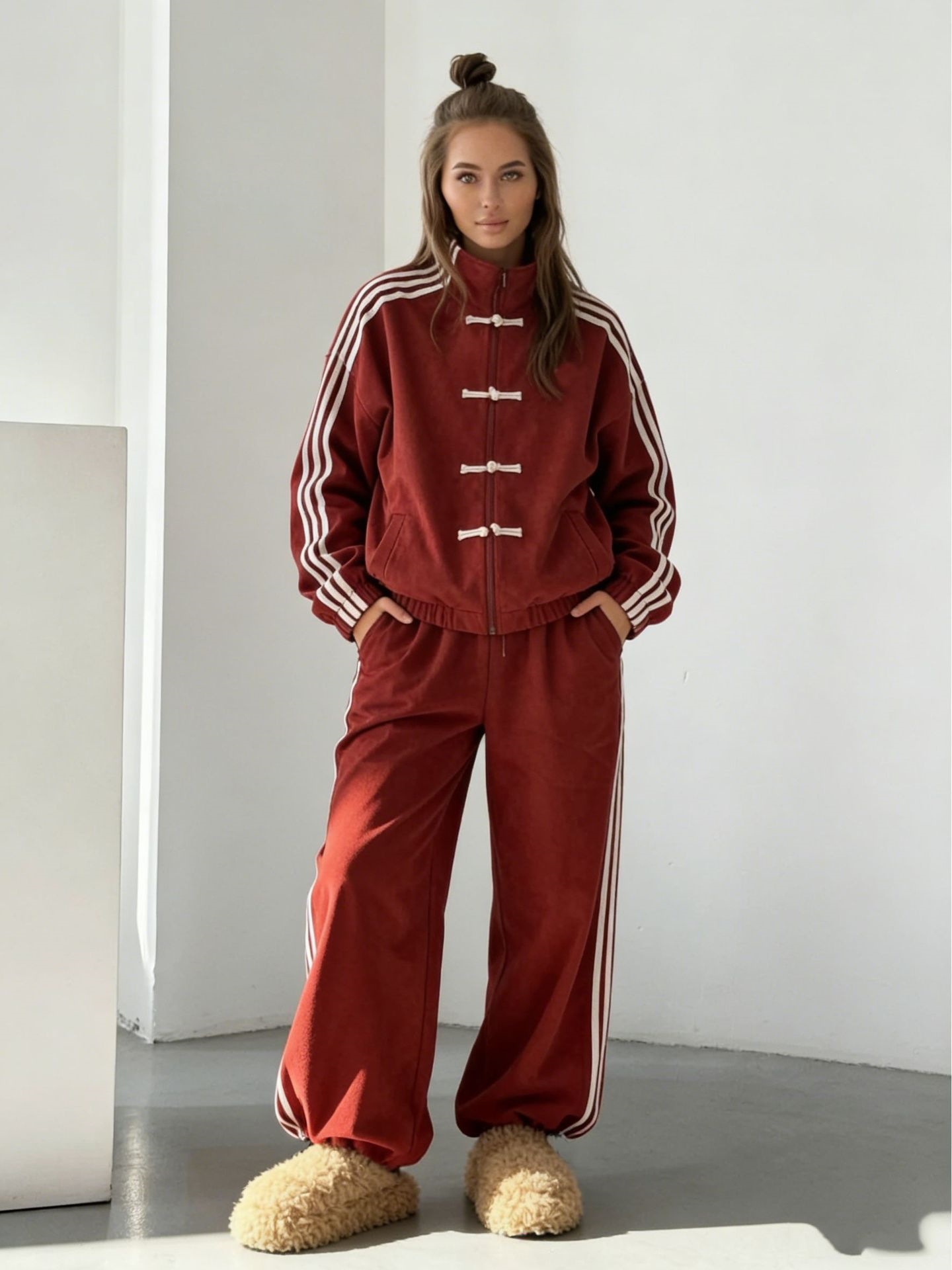Retro Stand Collar Jacket & Wide-Leg Pants Set with Frog Buttons and 3-Stripe Detail