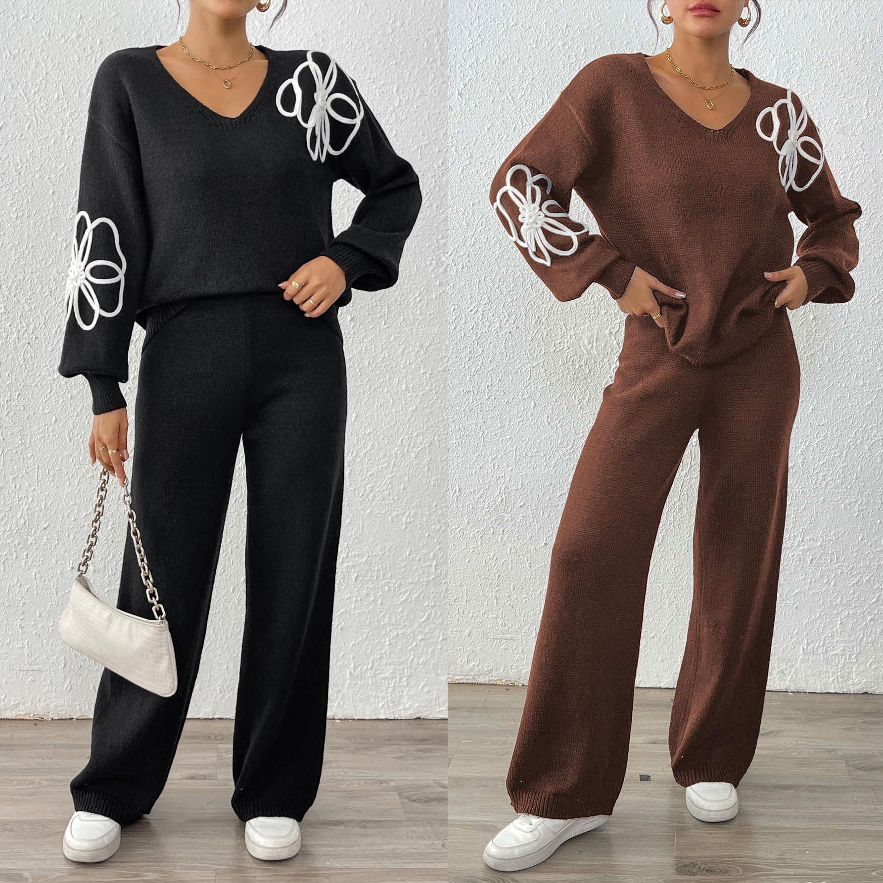 Women's Floral Embroidered V-Neck Sweater and Straight Pants Two-Piece Set
