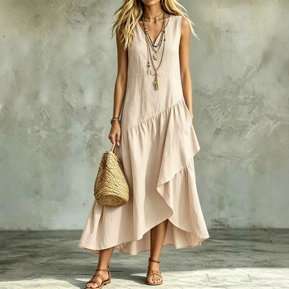 Women's Sleeveless V-Neck A-Line Maxi Dress Loose Fit Boho